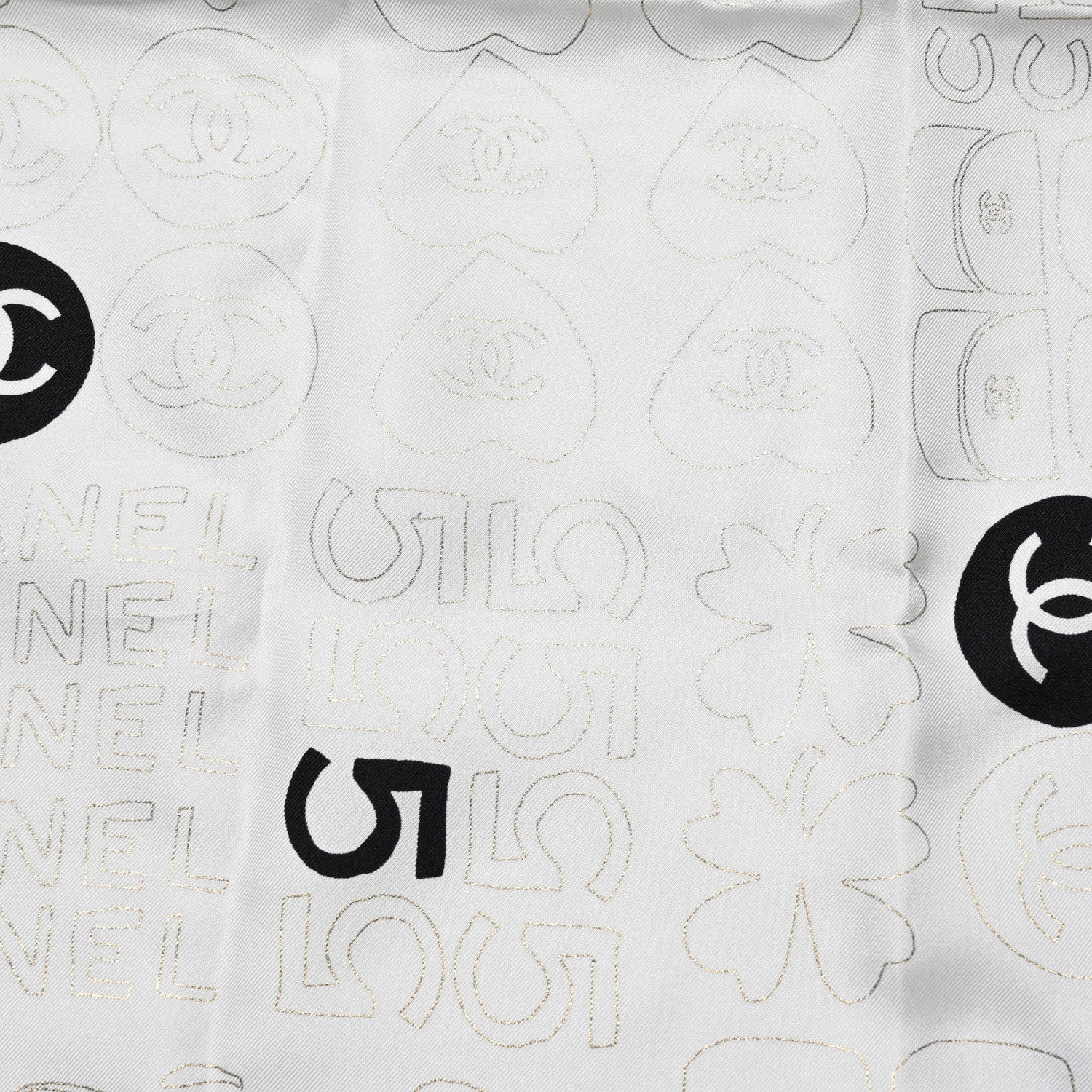 Silk CC Logo Charms Scarf White Gold Black