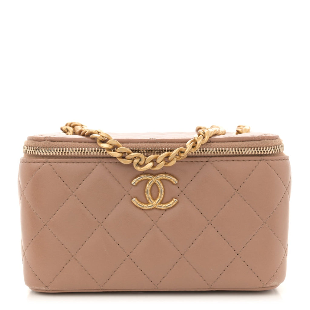 Lambskin Quilted Small Pillow Crush Vanity Case With Chain Beige