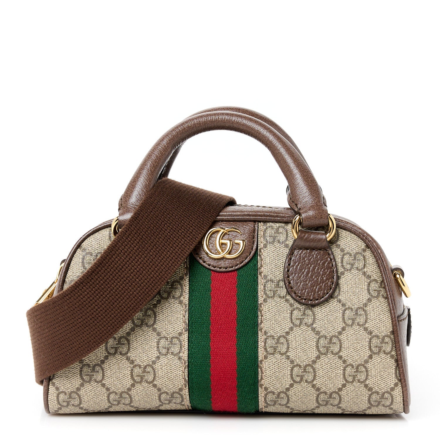 GG Supreme Monogram Textured Dollar Calfskin Web Mini Ophidia Top Handle Bowler Bag Beige Ebony New Acero