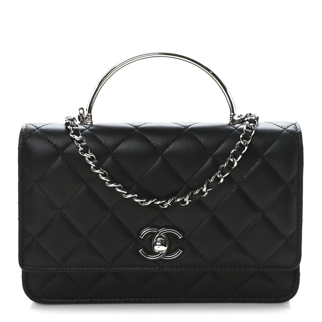 Lambskin Quilted Metal Top Handle Wallet On Chain WOC Black