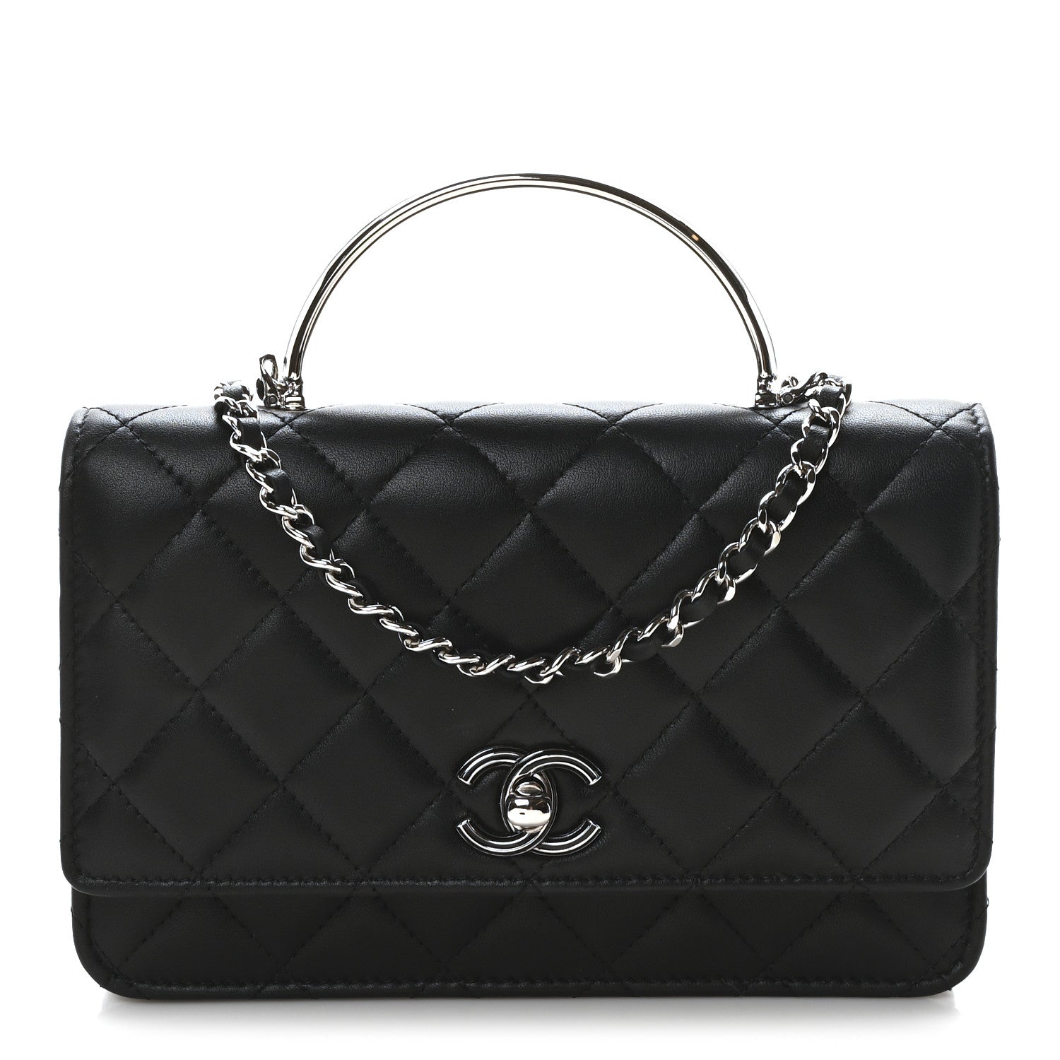 Lambskin Quilted Metal Top Handle Wallet On Chain WOC Black