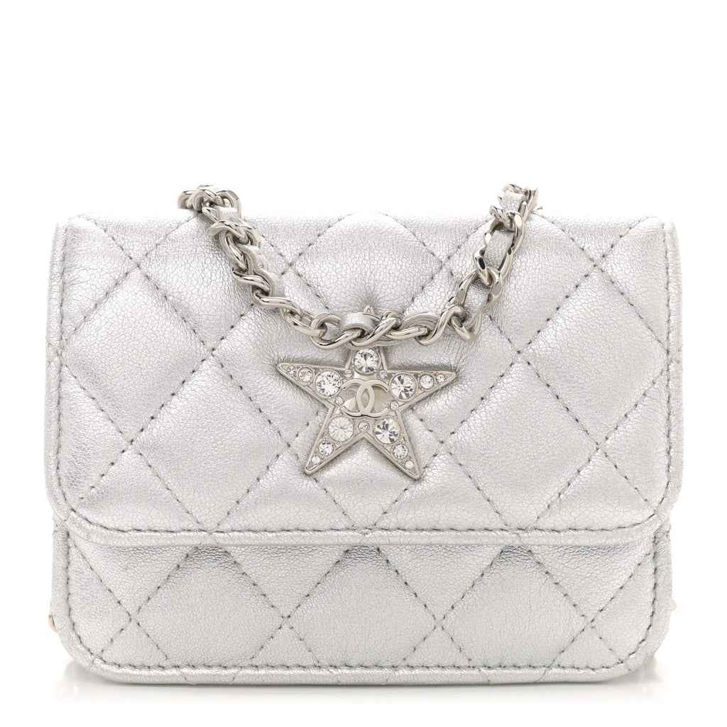 Metallic Goatskin Quilted Star Flap Waist Belt Bag Silver