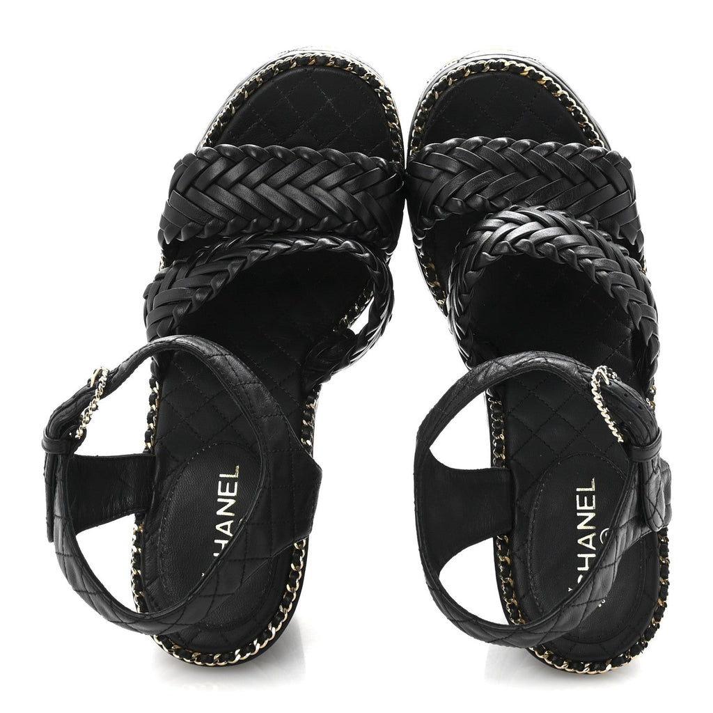 Calfskin Quilted Chain Around Wedge Sandals 37 Black