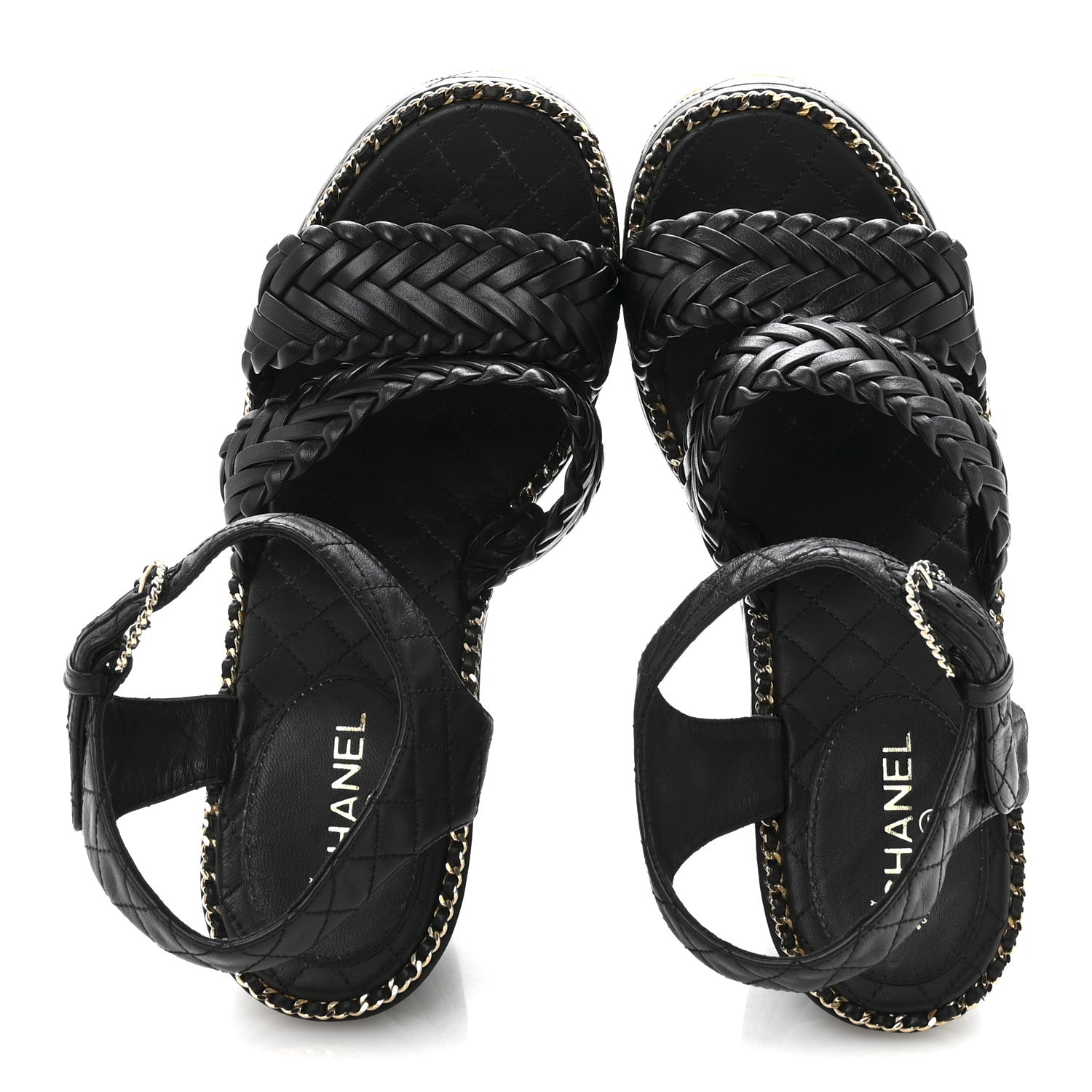 Calfskin Quilted Chain Around Wedge Sandals 37 Black