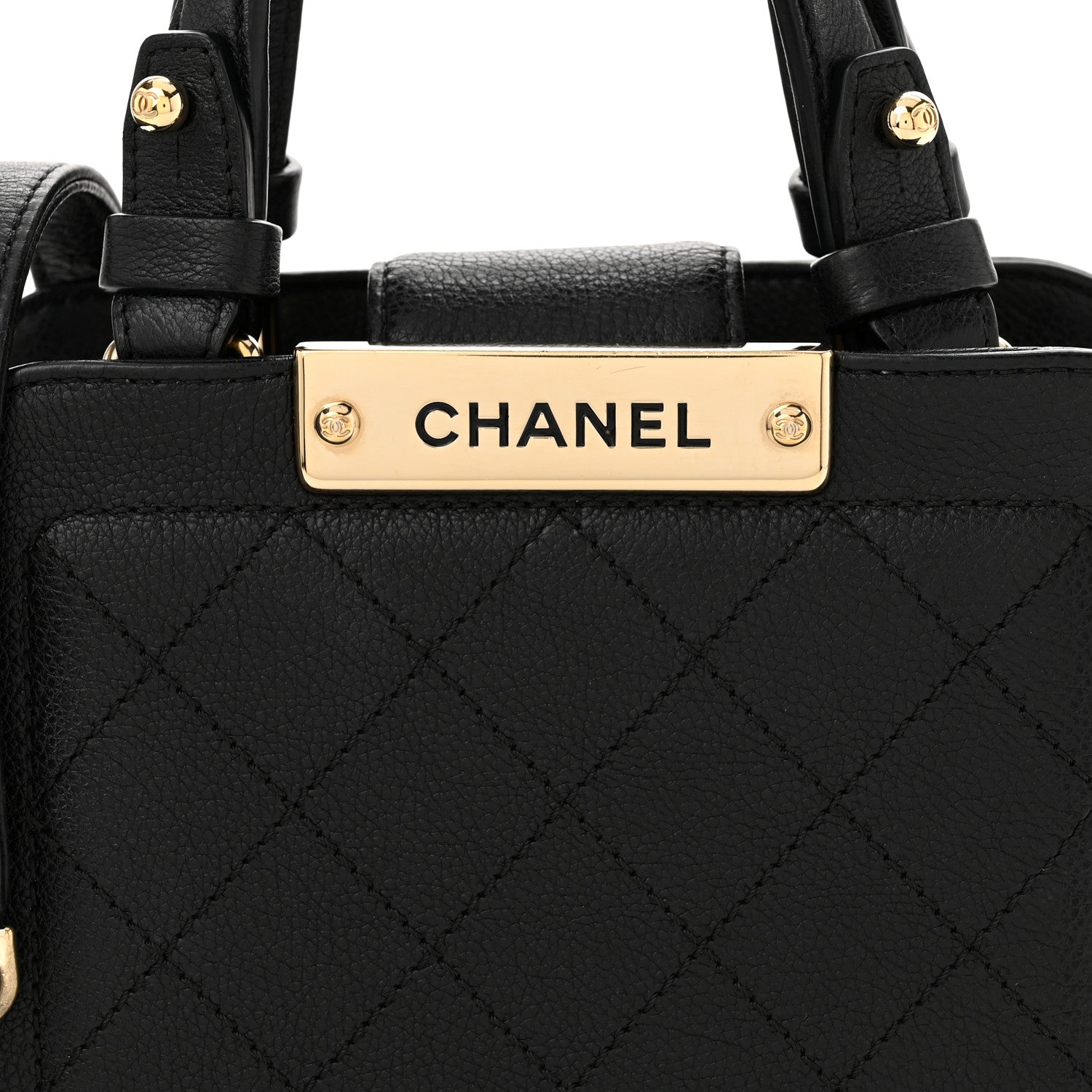 Grained Calfskin Stitched Mini Label  Shopper Black