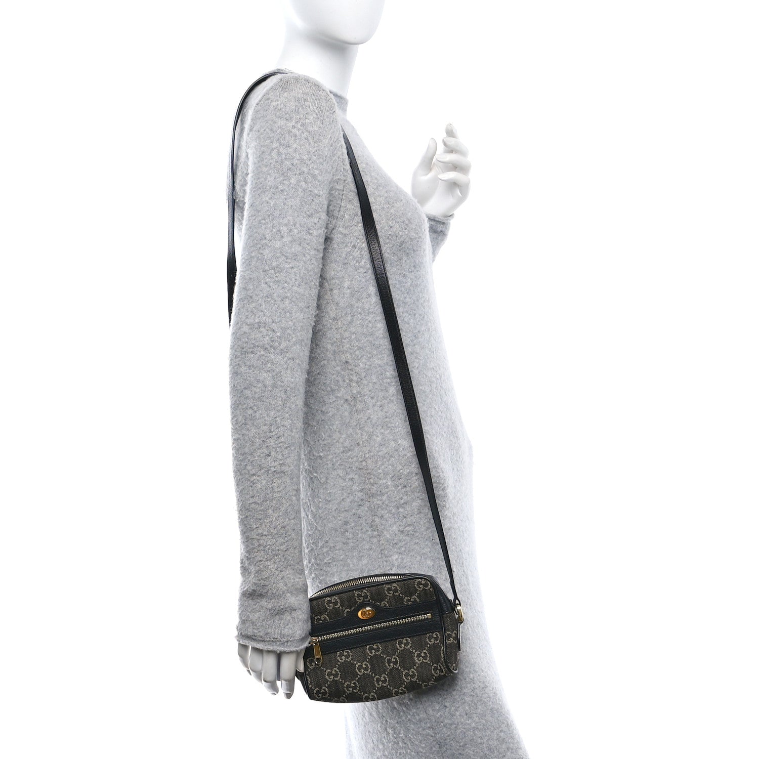 Jacquard Black Denim GG Monogram Textured Dollar Calfskin Mini Ophidia Shoulder Bag Black Ivory