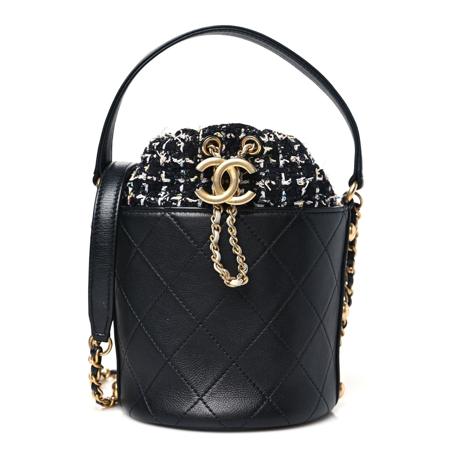 Calfskin Tweed Small CC Chain Bucket Drawstring Bag Black Multicolor