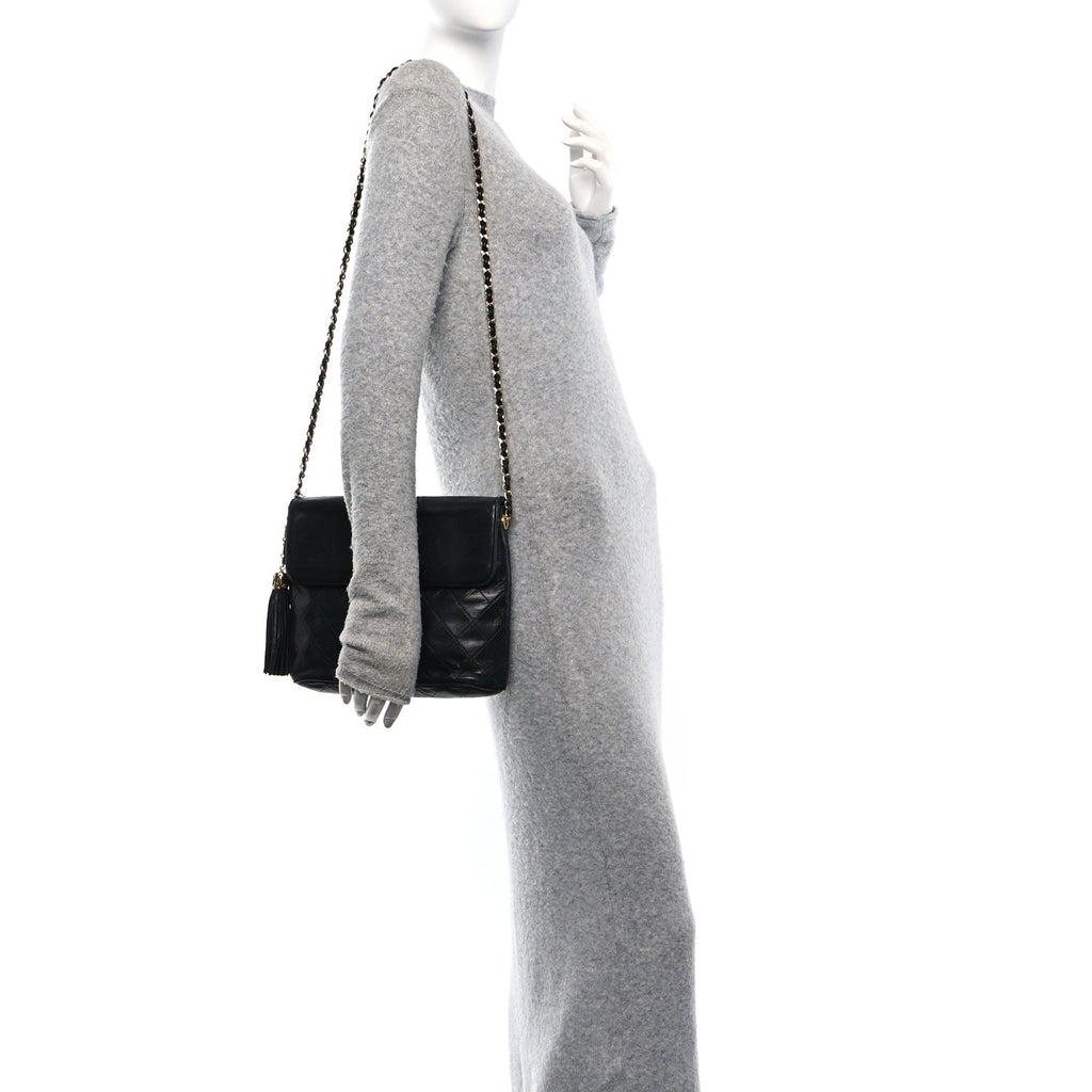 Lambskin Quilted CC Tassel Shoulder Flap Bag Black
