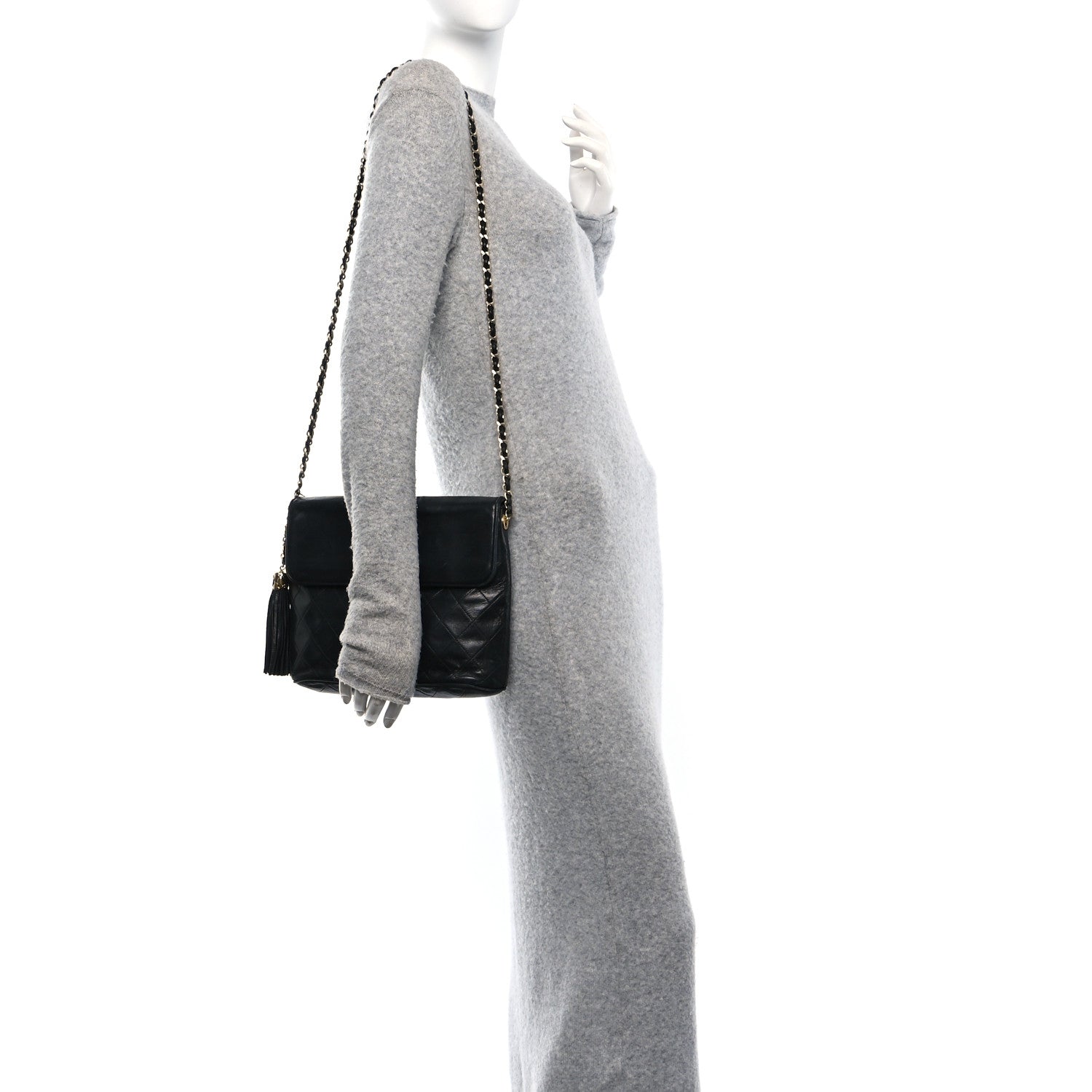 Lambskin Quilted CC Tassel Shoulder Flap Bag Black