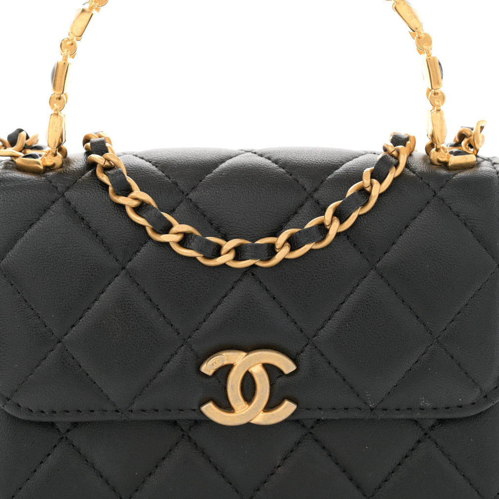 Lambskin Enamel Quilted Top Handle Flap With Chain Black