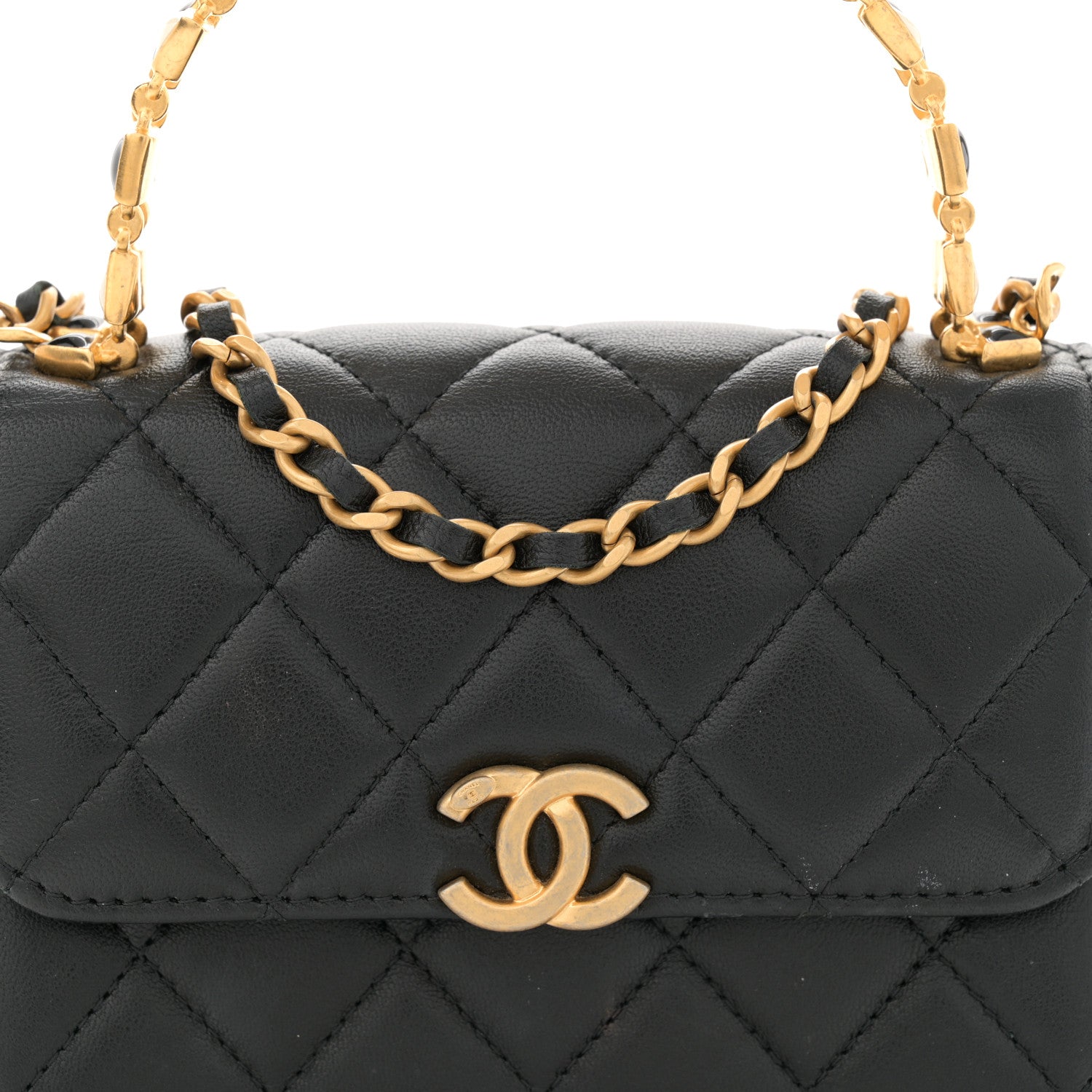 Lambskin Enamel Quilted Top Handle Flap With Chain Black