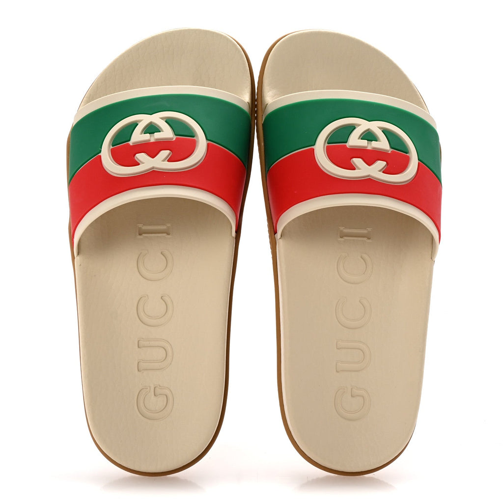 Rubber Web Womens Interlocking G Slide Sandals 37 Mystic White Green Red
