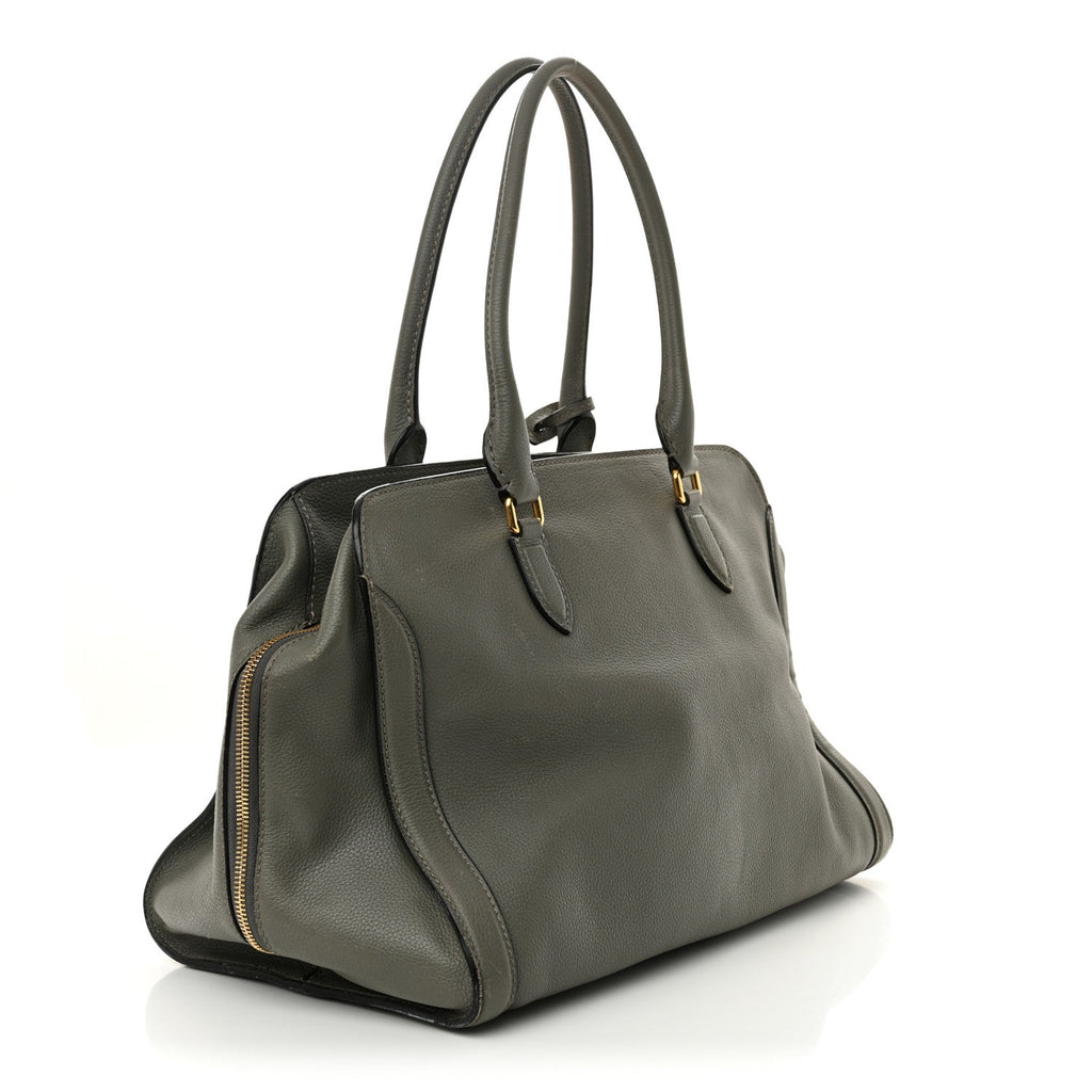 Pebbled Calfskin Large Skull Padlock Zip Around Tote Dark Grey