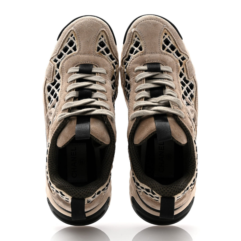 Suede Calfskin Embroidered CC Sneakers 36 Beige Black