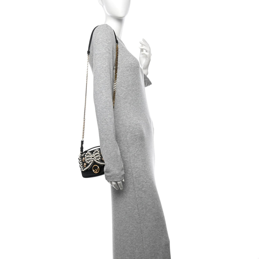 Vitello Dolce F is Fendi Flowers and Bows Scalloped Micro Double Baguette Black