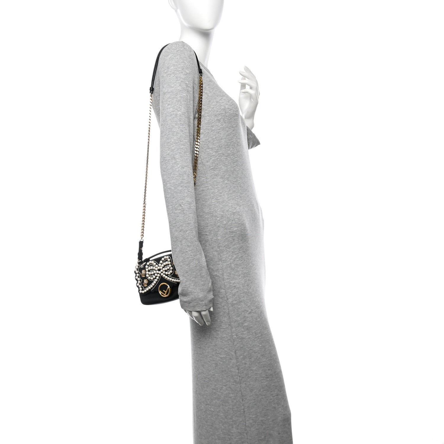 Vitello Dolce F is Fendi Flowers and Bows Scalloped Micro Double Baguette Black