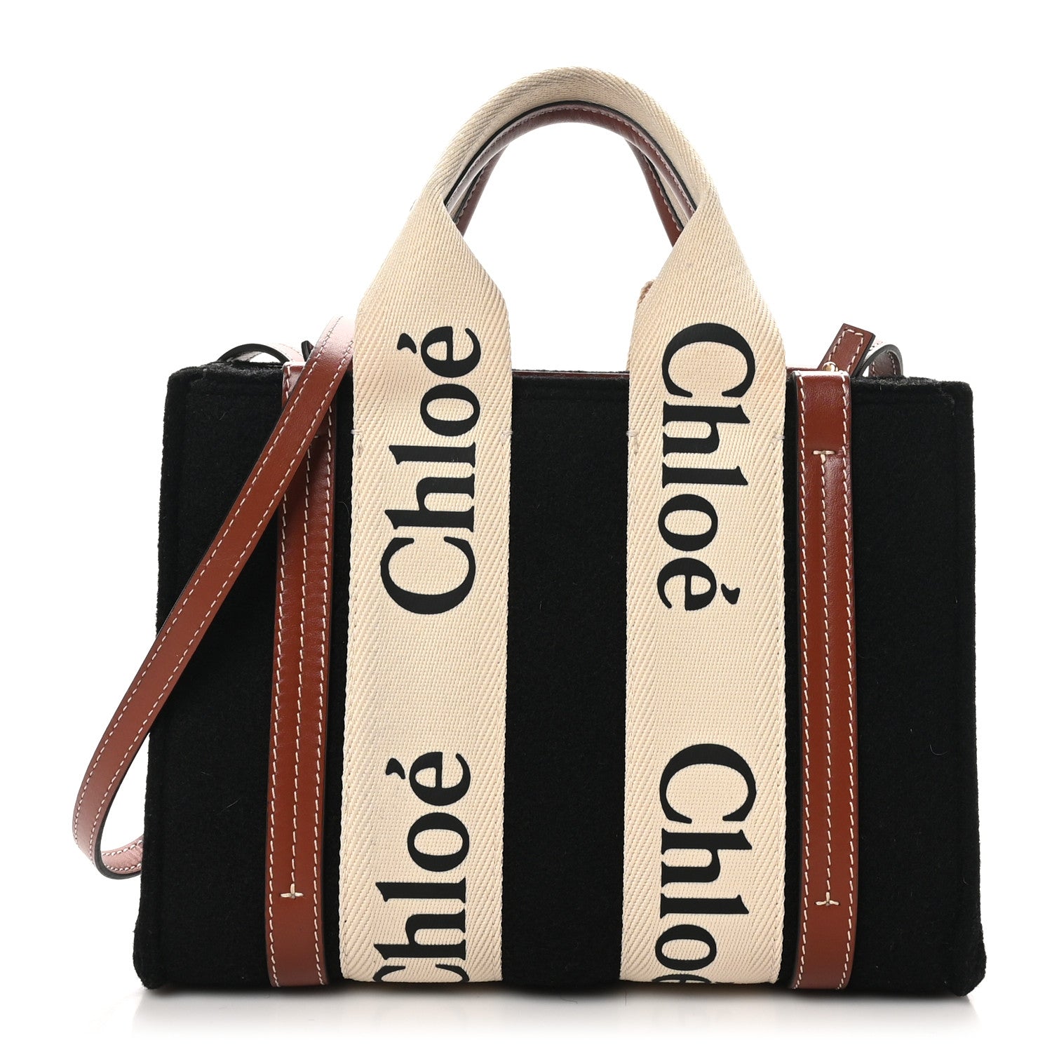 Felt Calfskin Small Woody Ribbon Tote With Strap Black