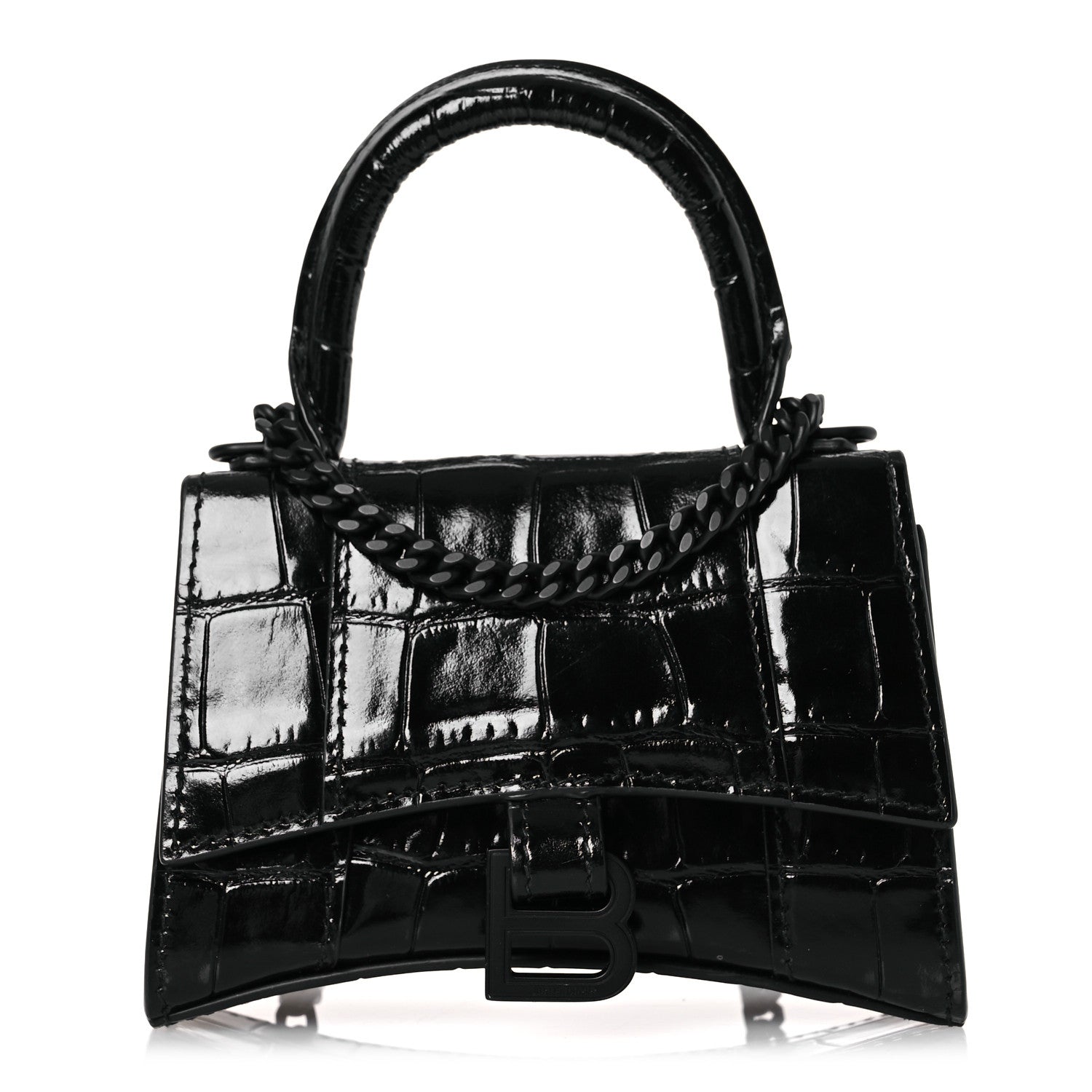 Shiny Calfskin Monochrome Crocodile Embossed Hourglass Top Handle Bag Mini with Chain Black