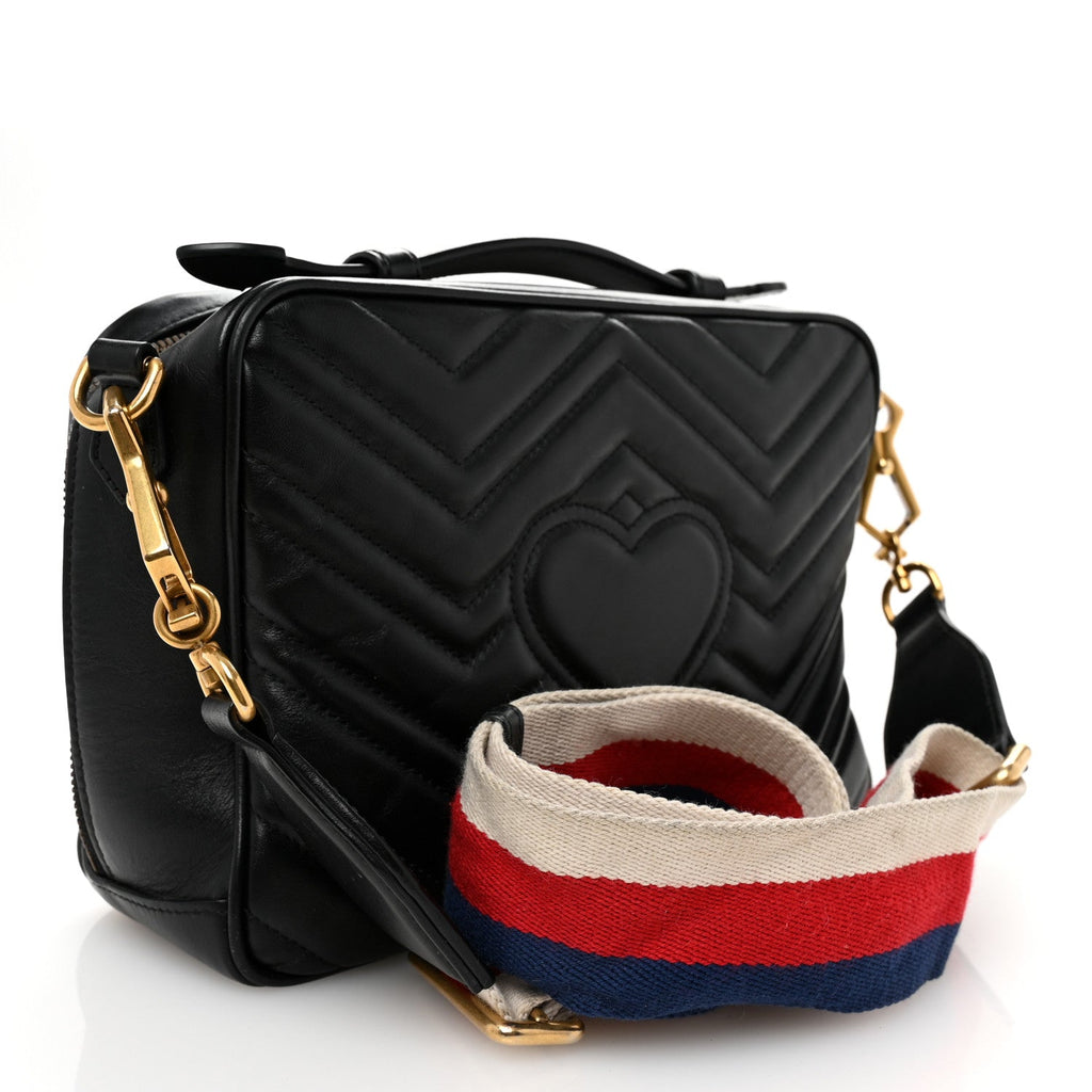 Calfskin Matelasse Sylvie Web Small GG Marmont Top Handle Shoulder Bag Black
