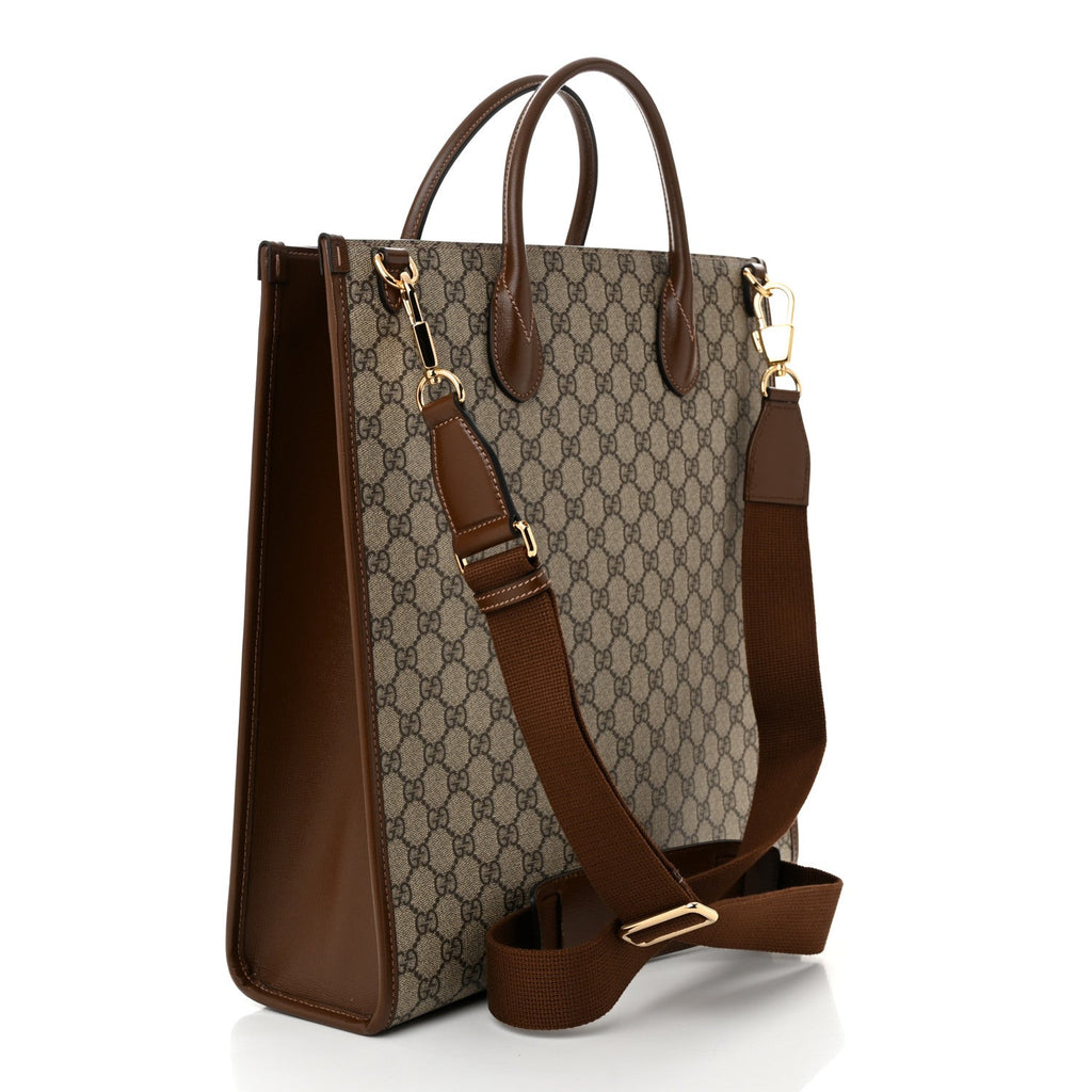 GG Supreme Monogram Textured Dollar Calfskin Web Medium Retro Interlocking G Vertical Tote Bag Beige Ebony Brown Sugar