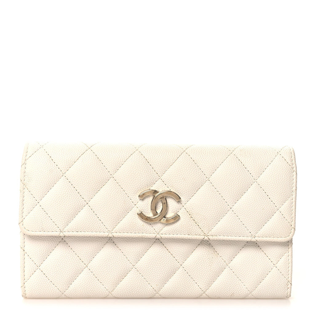 Caviar Quilted Striated CC Large Gusset Flap Wallet White