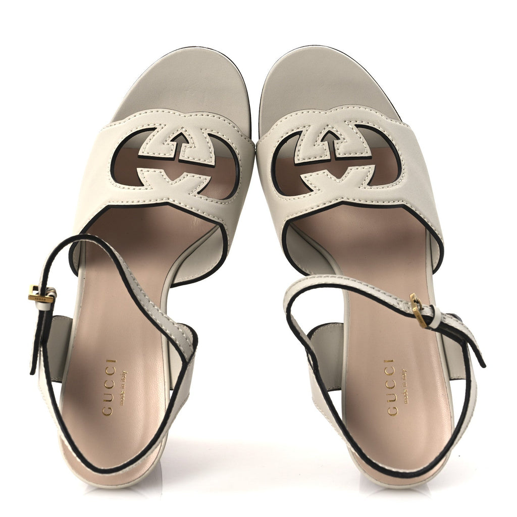 Cosmos Softy Calfskin Wooden Interlocking G Cut-Out 30/120mm Platform Sandals 40 Mystic White