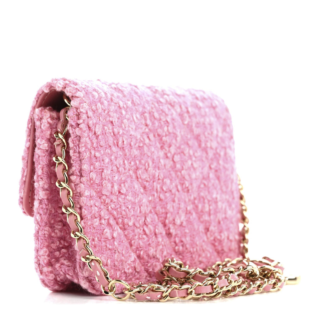 Tweed Quilted Flap Chain Waist Bag Pink