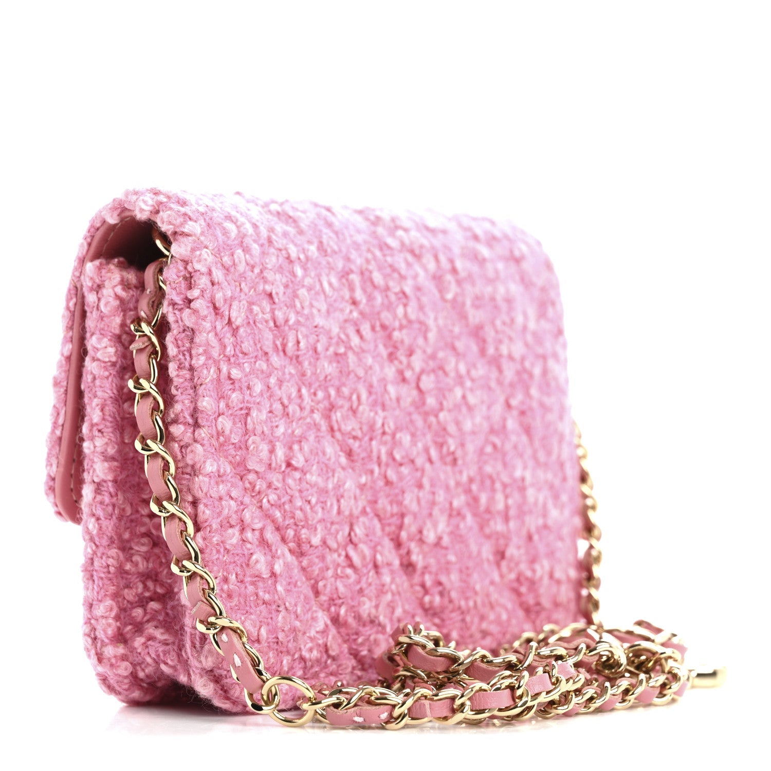 Tweed Quilted Flap Chain Waist Bag Pink