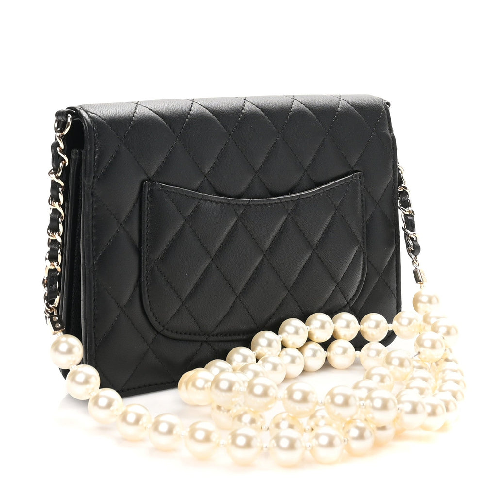 Lambskin Quilted Pearl Wallet On Chain WOC Black