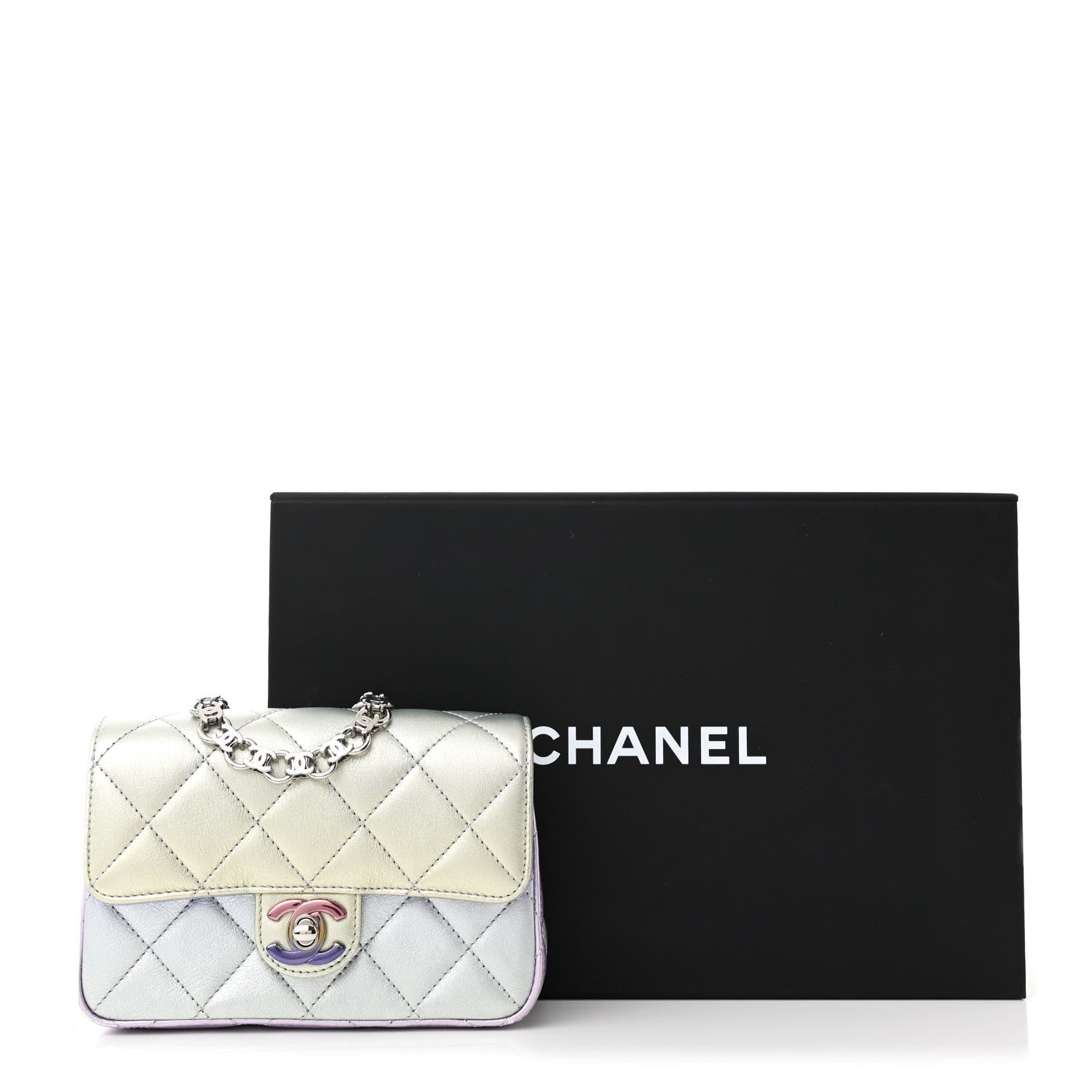 Gradient Metallic Calfskin Quilted Clutch Silver Blue Yellow Purple