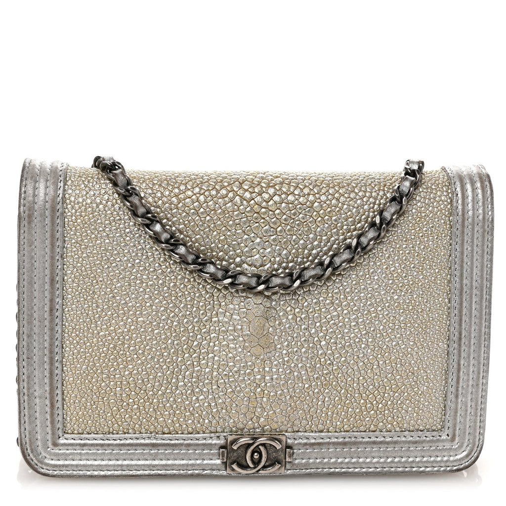 Metallic Galuchat Stingray Lambskin Boy Wallet On Chain WOC Silver