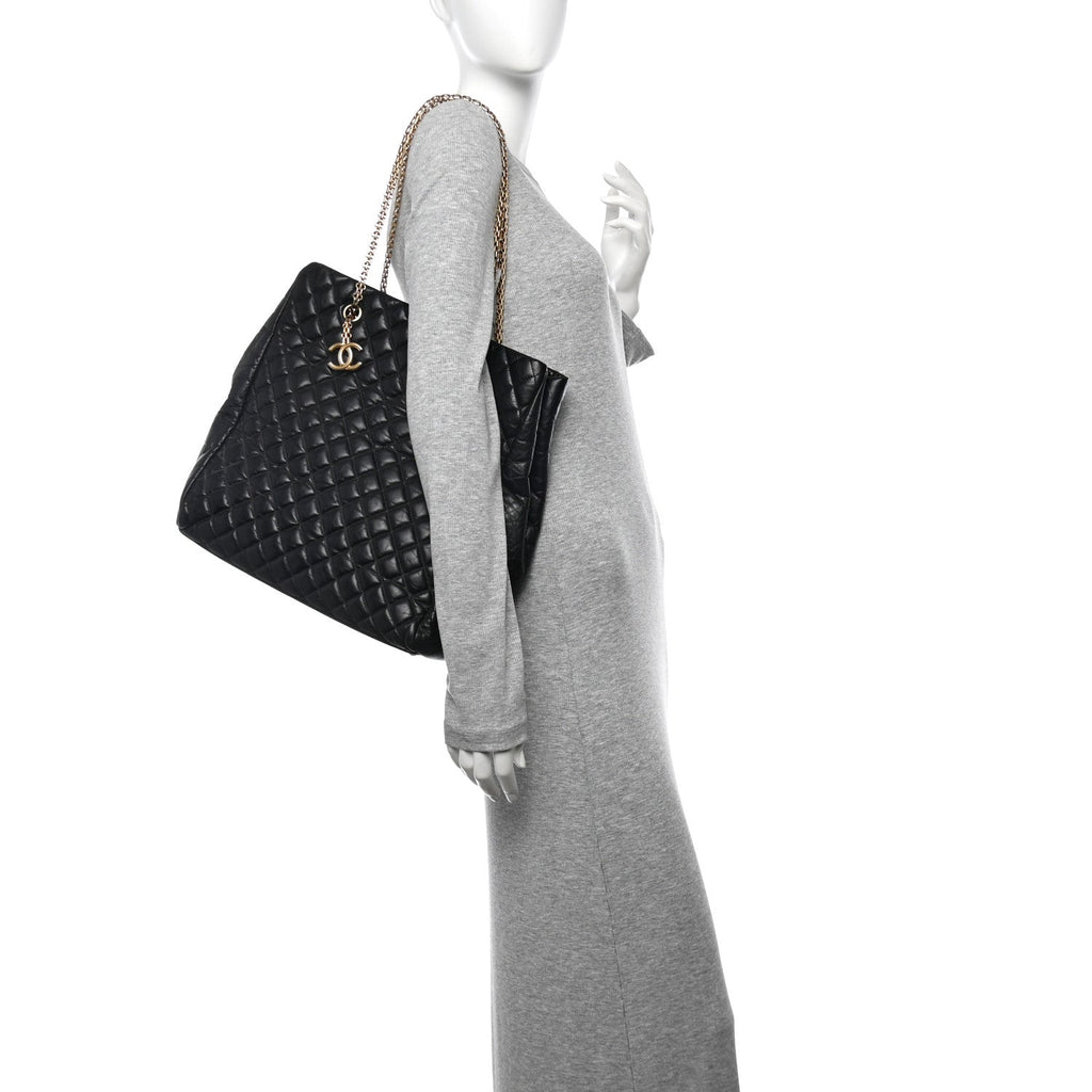 Lambskin Quilted Medium New Bubble North South Tote Black