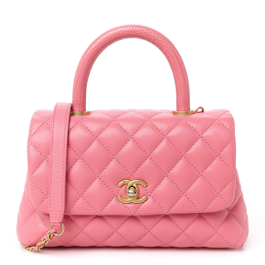 Caviar Lizard Embossed Quilted Mini Coco Handle Flap Pink