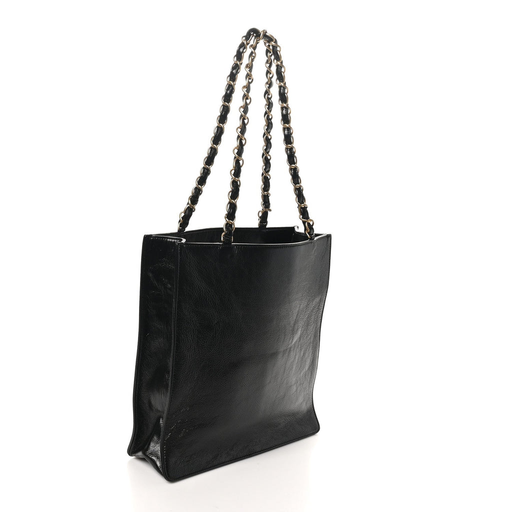 Shiny Aged Calfskin North South Shopping Bag Black