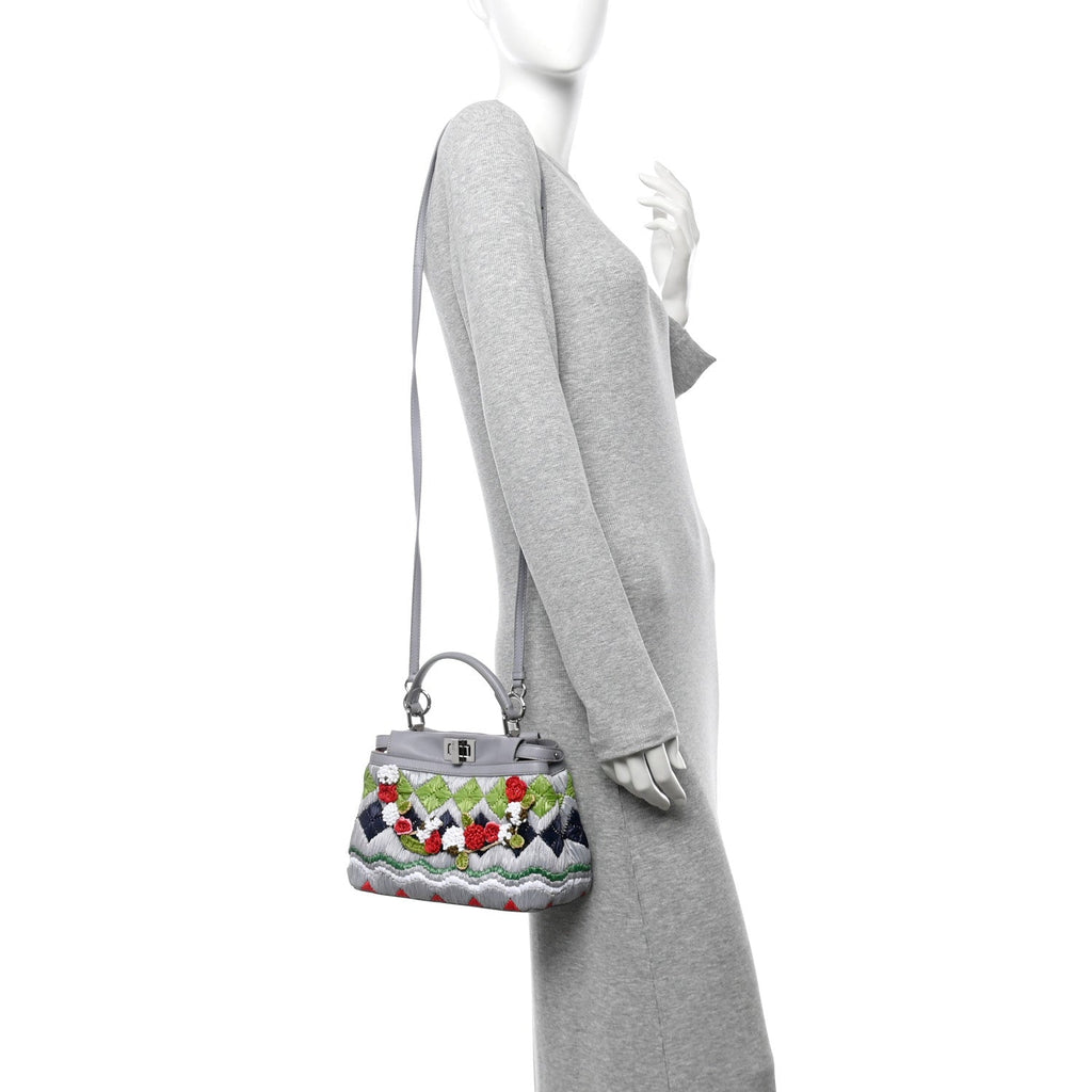 Nappa Raffia Embroidered Mini Peekaboo Iconic Satchel Grey Multicolor