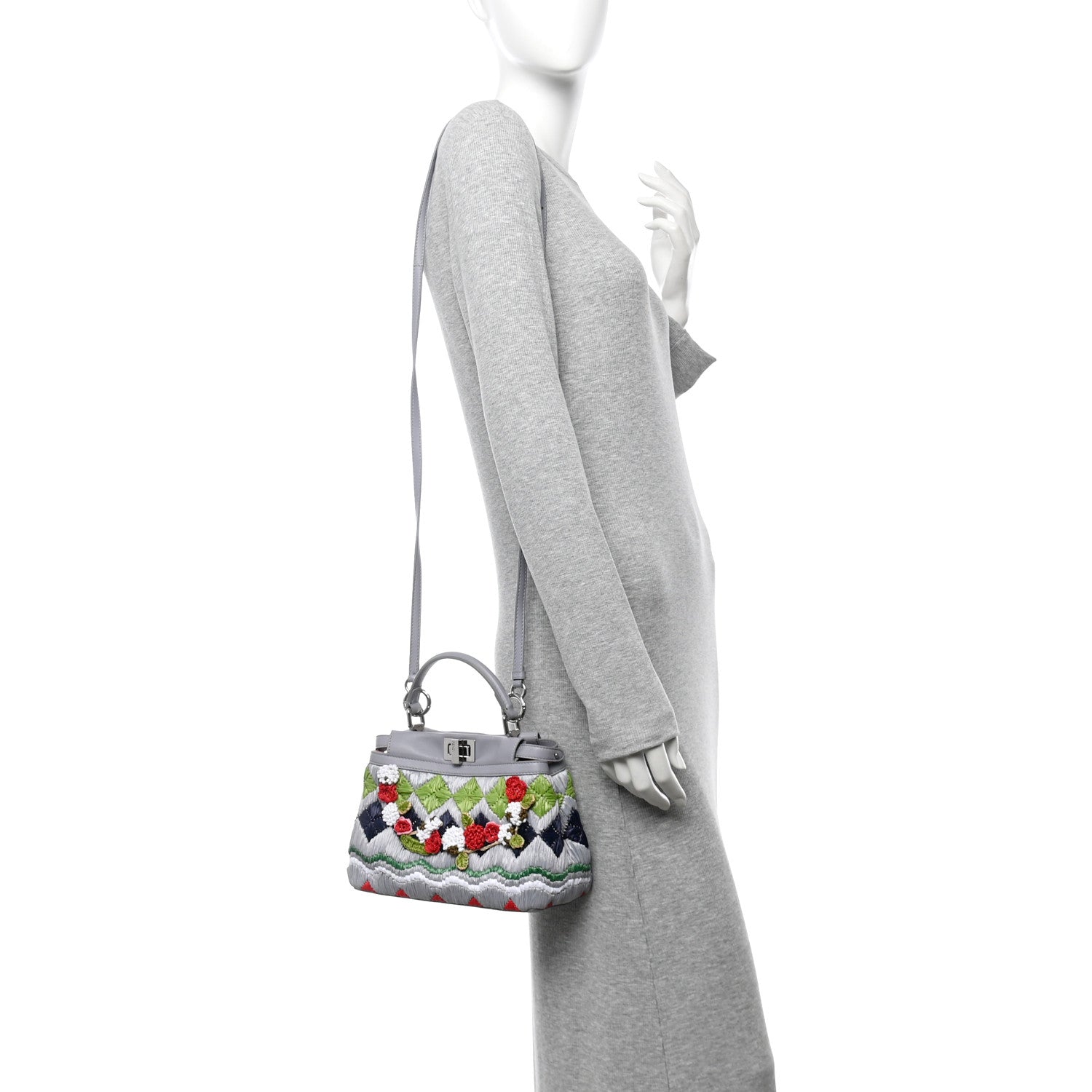 Nappa Raffia Embroidered Mini Peekaboo Iconic Satchel Grey Multicolor