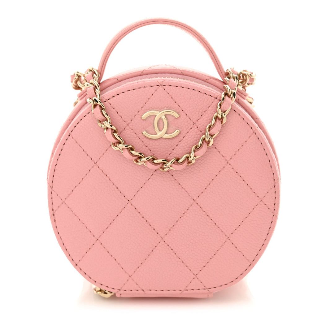 Caviar Quilted Round Handle With Care Vanity With Chain Pink