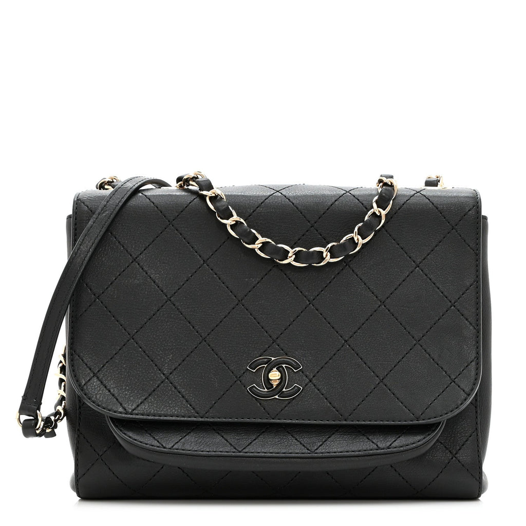 Calfskin Stitched Medium Covered CC Flap Bag Black