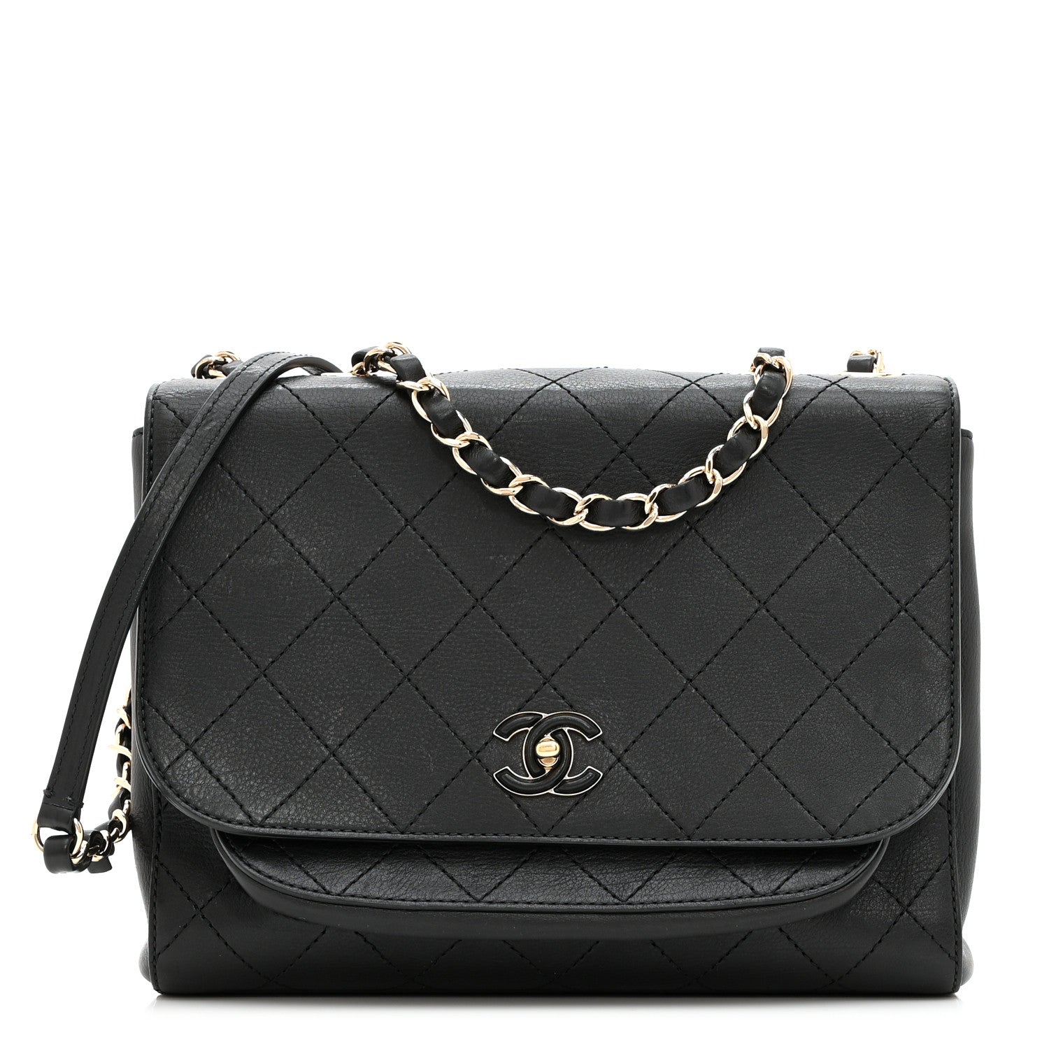 Calfskin Stitched Medium Covered CC Flap Bag Black