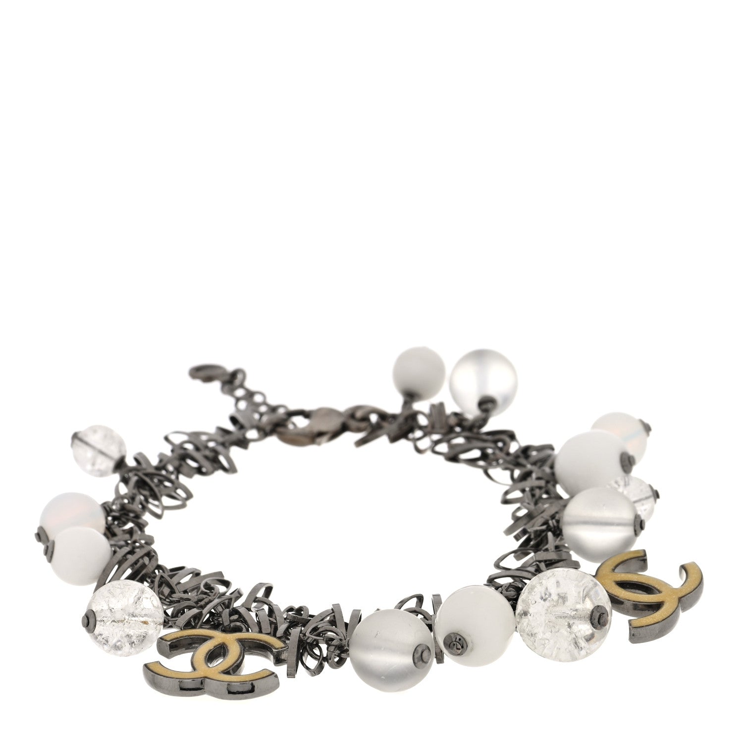 Metal Crystal CC Bead Charm Bracelet Ruthenium Gold White