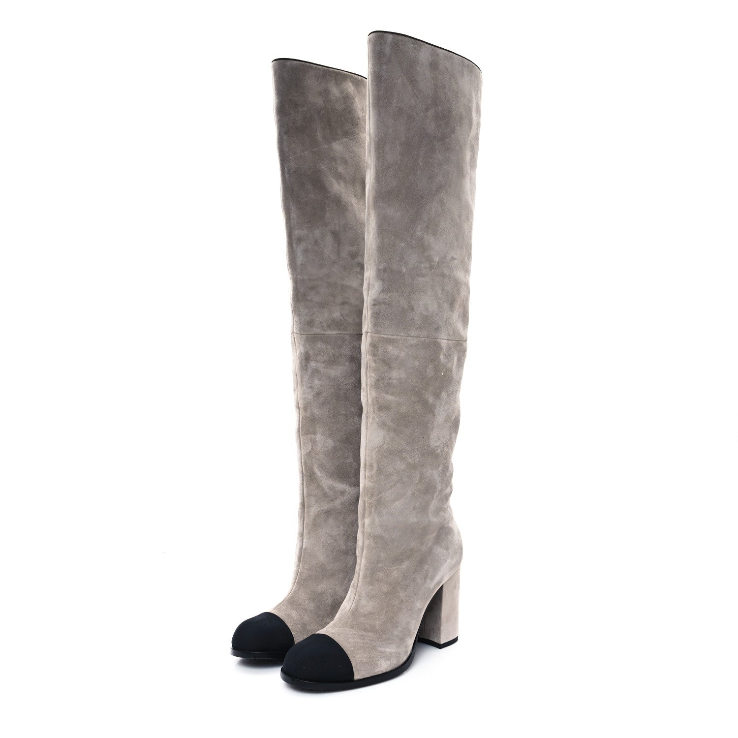 Suede Calfskin Grosgrain Cap Toe Knee High Boots 36.5 Grey Black