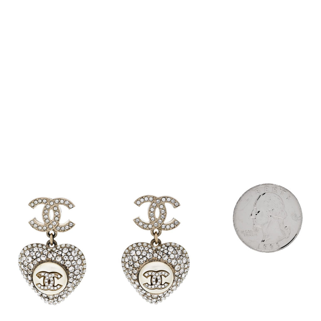 Pearl Crystal CC Heart Drop Earrings Gold White
