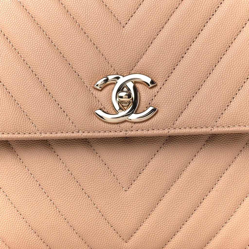 Caviar Chevron Quilted Medium Coco Handle Flap Beige