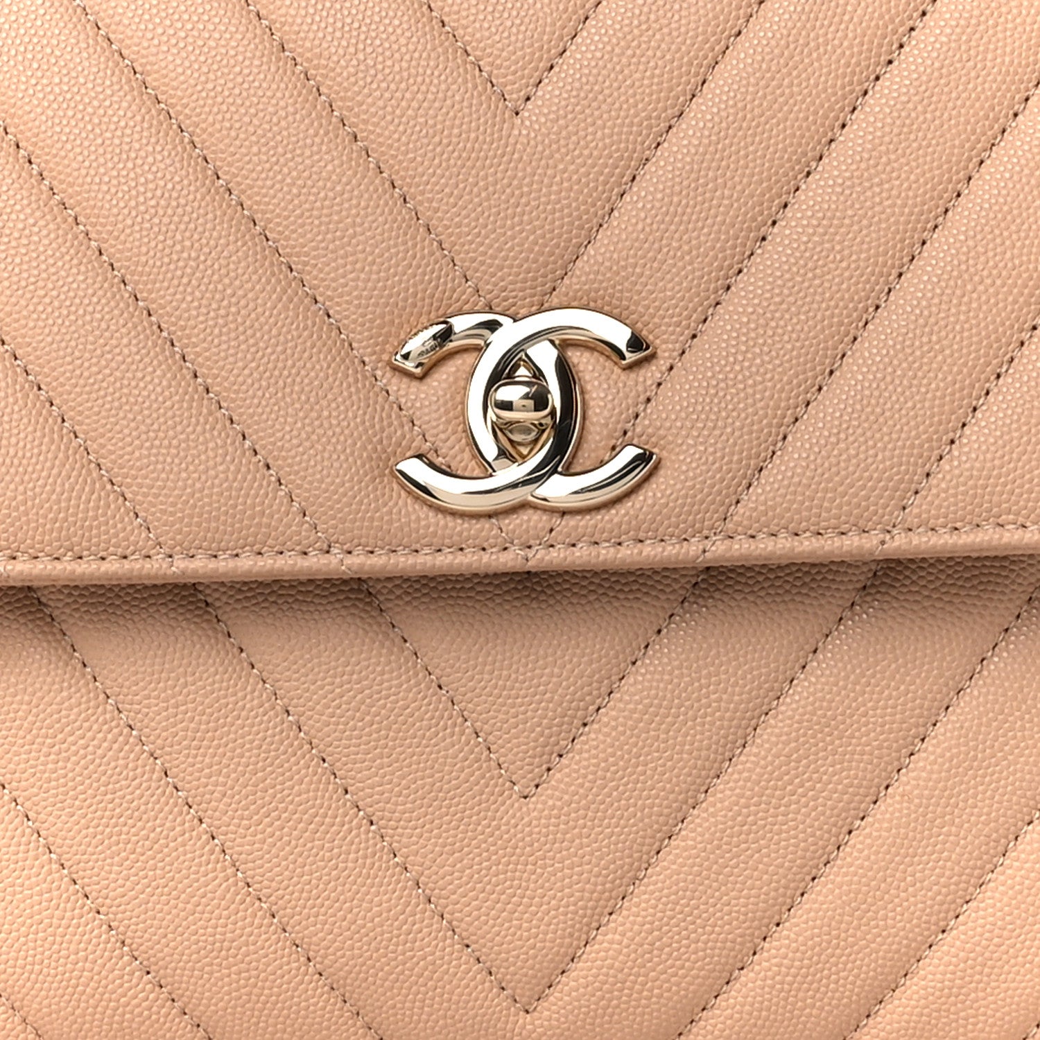 Caviar Chevron Quilted Medium Coco Handle Flap Beige