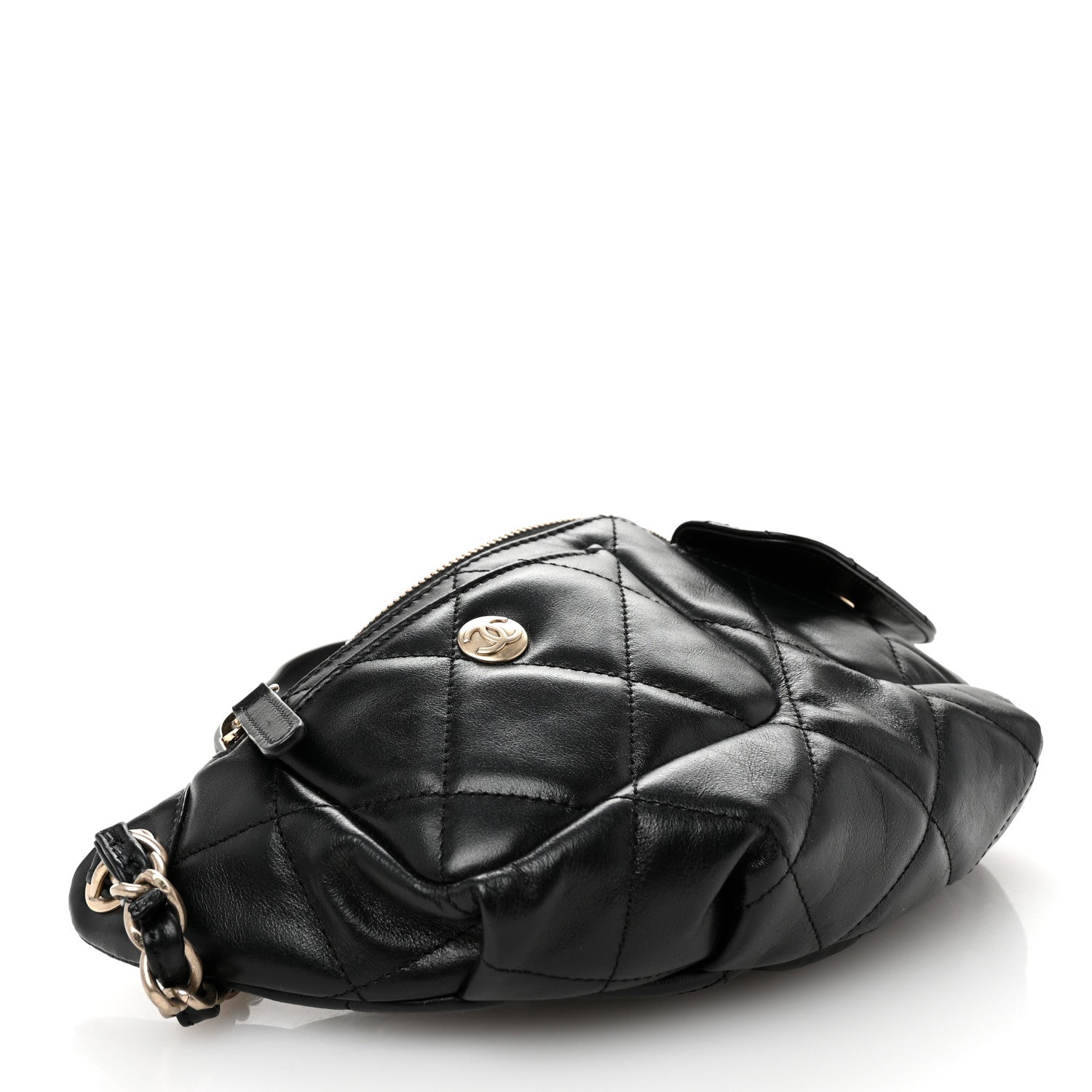 Shiny Aged Calfskin Quilted CC Pockets Jacket Waist Belt Bag Black