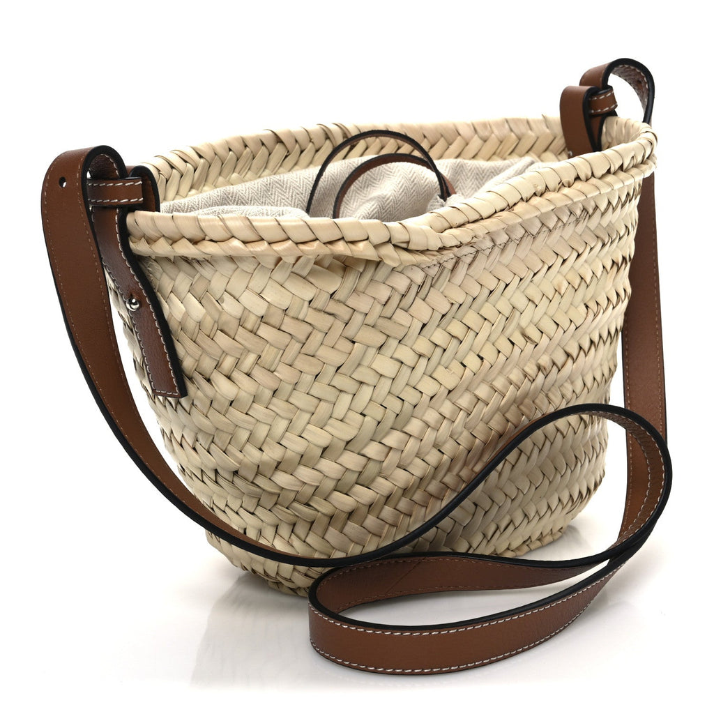 Leaf Palm Calfskin Mini Drawstring Bucket Bag Natural Tan