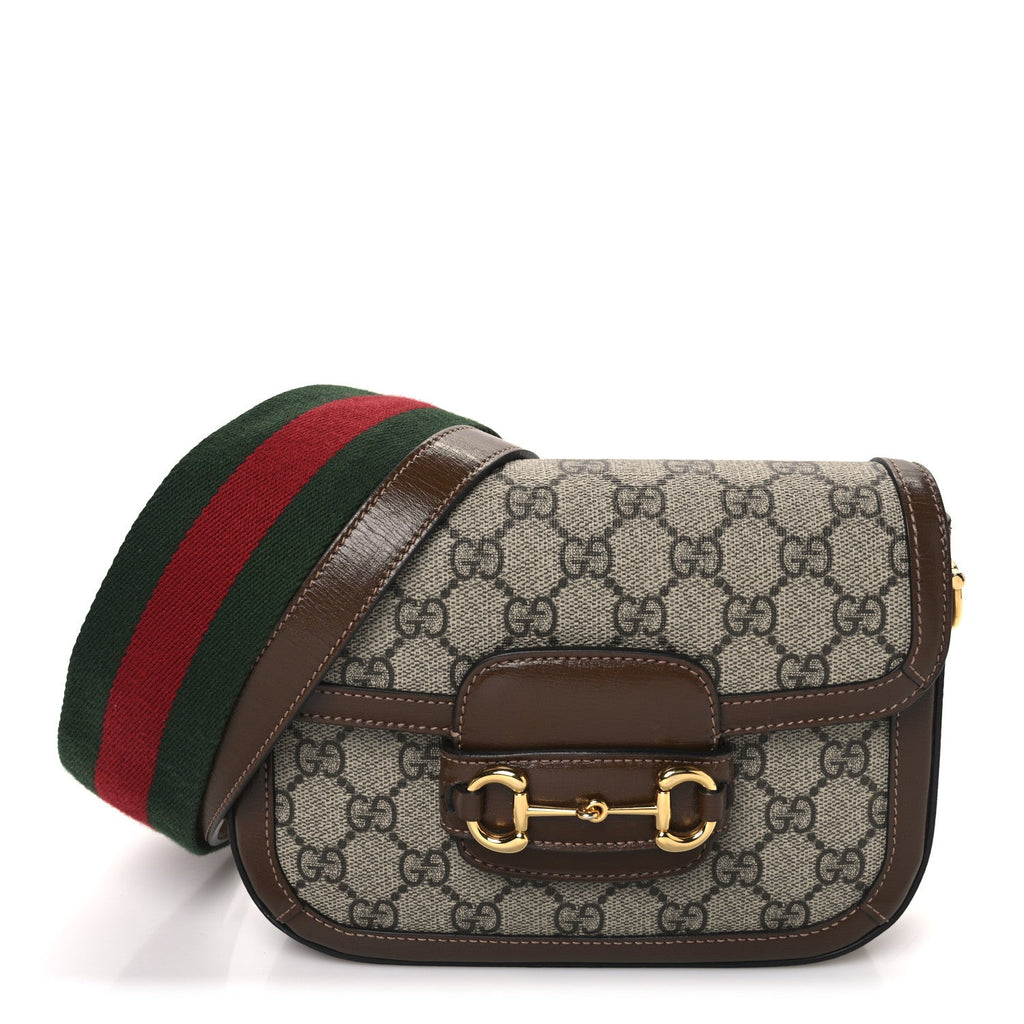 GG Supreme Monogram Web Mini Horsebit 1955 Shoulder Bag Beige Brown Sugar