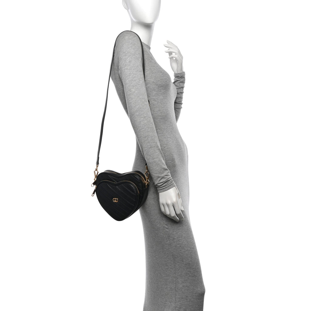 Calfskin Matelasse Diagonal Mini Interlocking G Heart Shoulder Bag Black