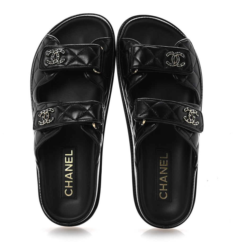 Lambskin Quilted Velcro Dad Chain CC Slide Sandals 37.5 Black