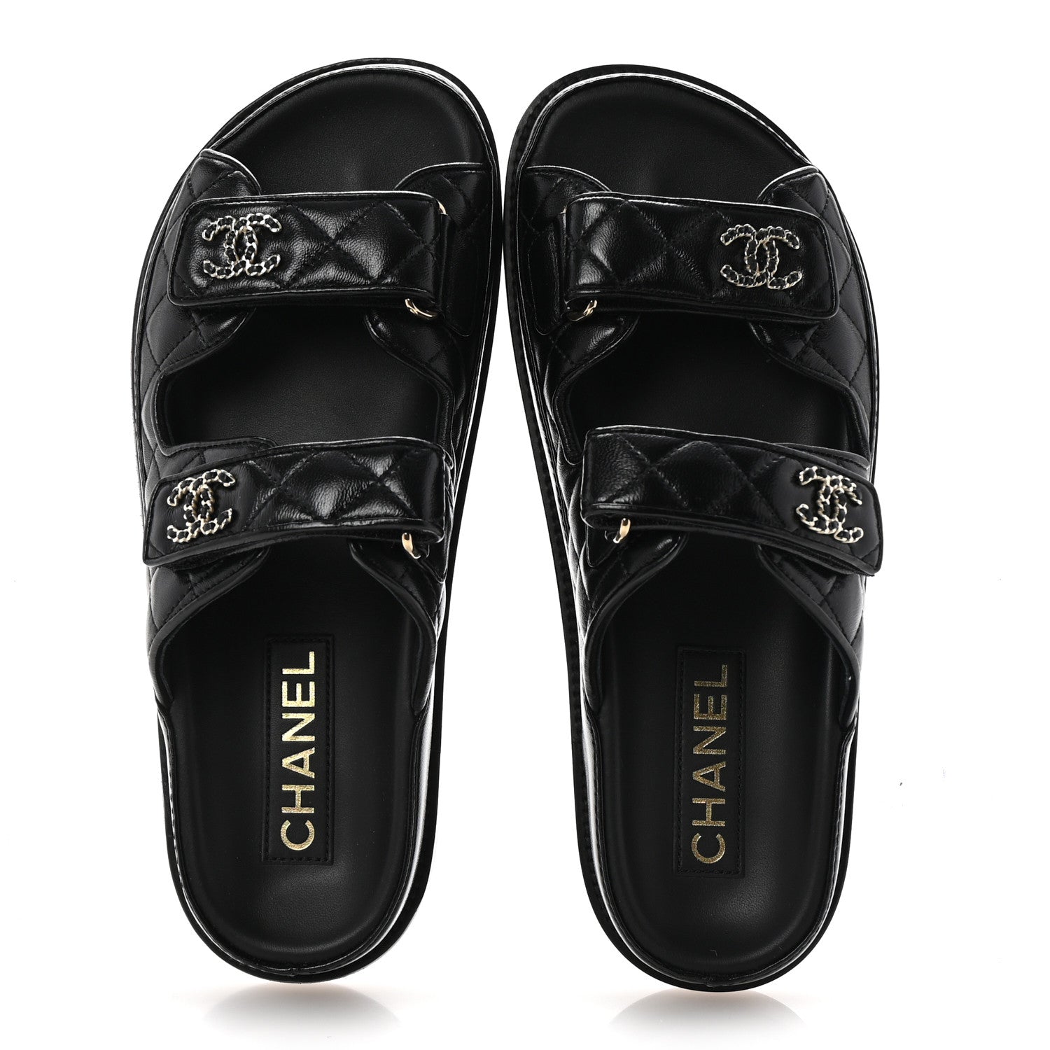 Lambskin Quilted Velcro Dad Chain CC Slide Sandals 37.5 Black